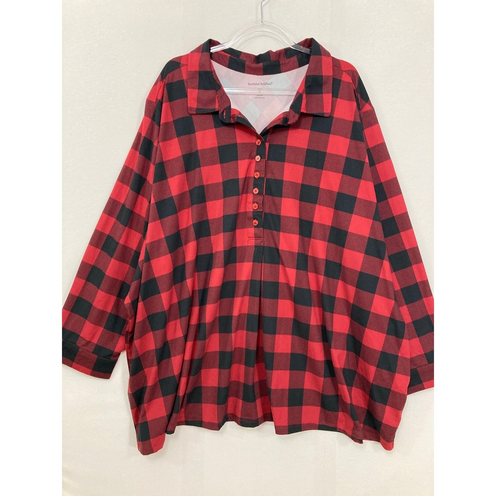 Woman Within Tunic Top 5X Red‎ Buffalo Plaid Button Neck Long Sleeve Stretch
